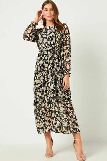 HY5103 BLACK Womens Botanical Print Chiffon Ruffled Maxi Dress Full Body